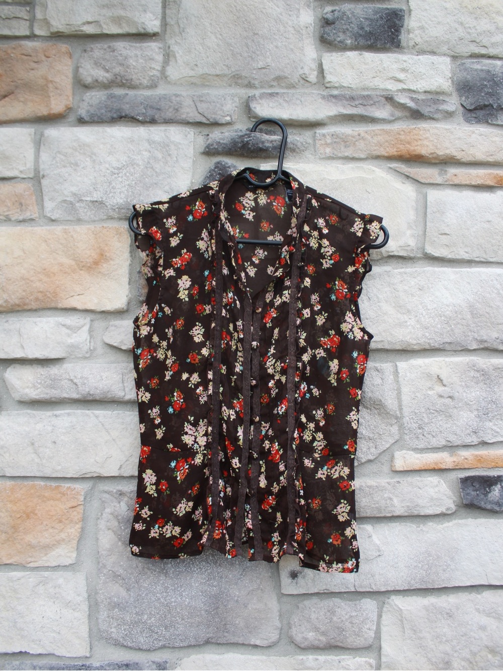 Women's Brown Floral Ruffled Sheer Blouse